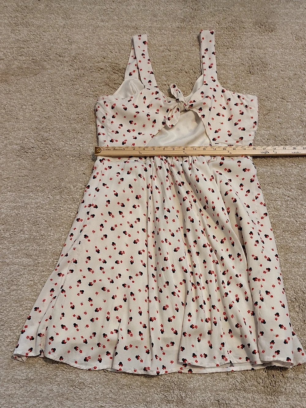 Disney Cream Mini Dress with Little Blue Minnie Mouse Figures Red Bow/Flowers